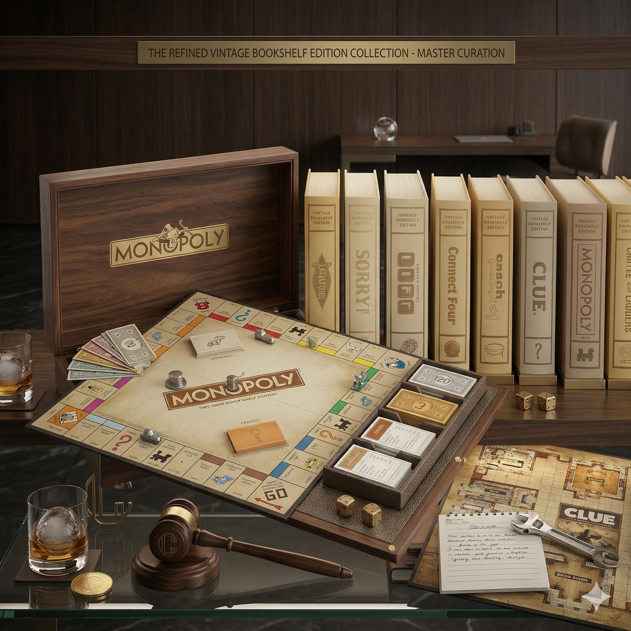 WS Game Company Vintage Bookshelf Games collection featuring linen-wrapped book editions of Monopoly, Scrabble, and Clue displayed in a stack.