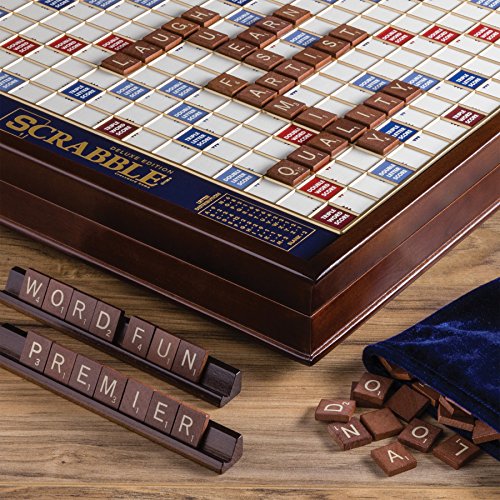 WS Game Company Deluxe Wood Games collection featuring the Scrabble Deluxe Edition in a solid wood rotating cabinet with raised letter grid.