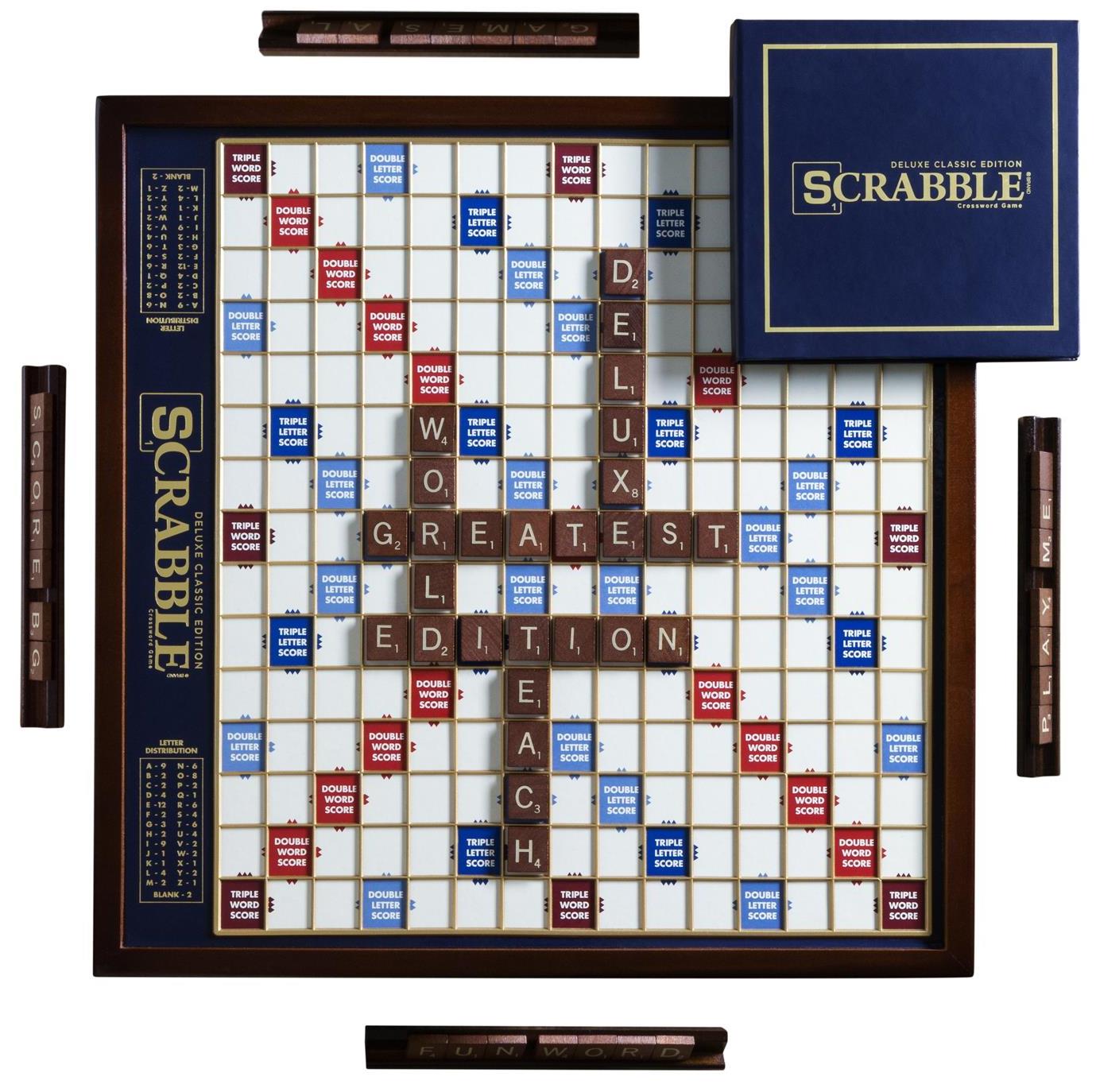 Scrabble Deluxe Classic Edition board game with a rotating wooden game board, raised grid, and wood tile racks.