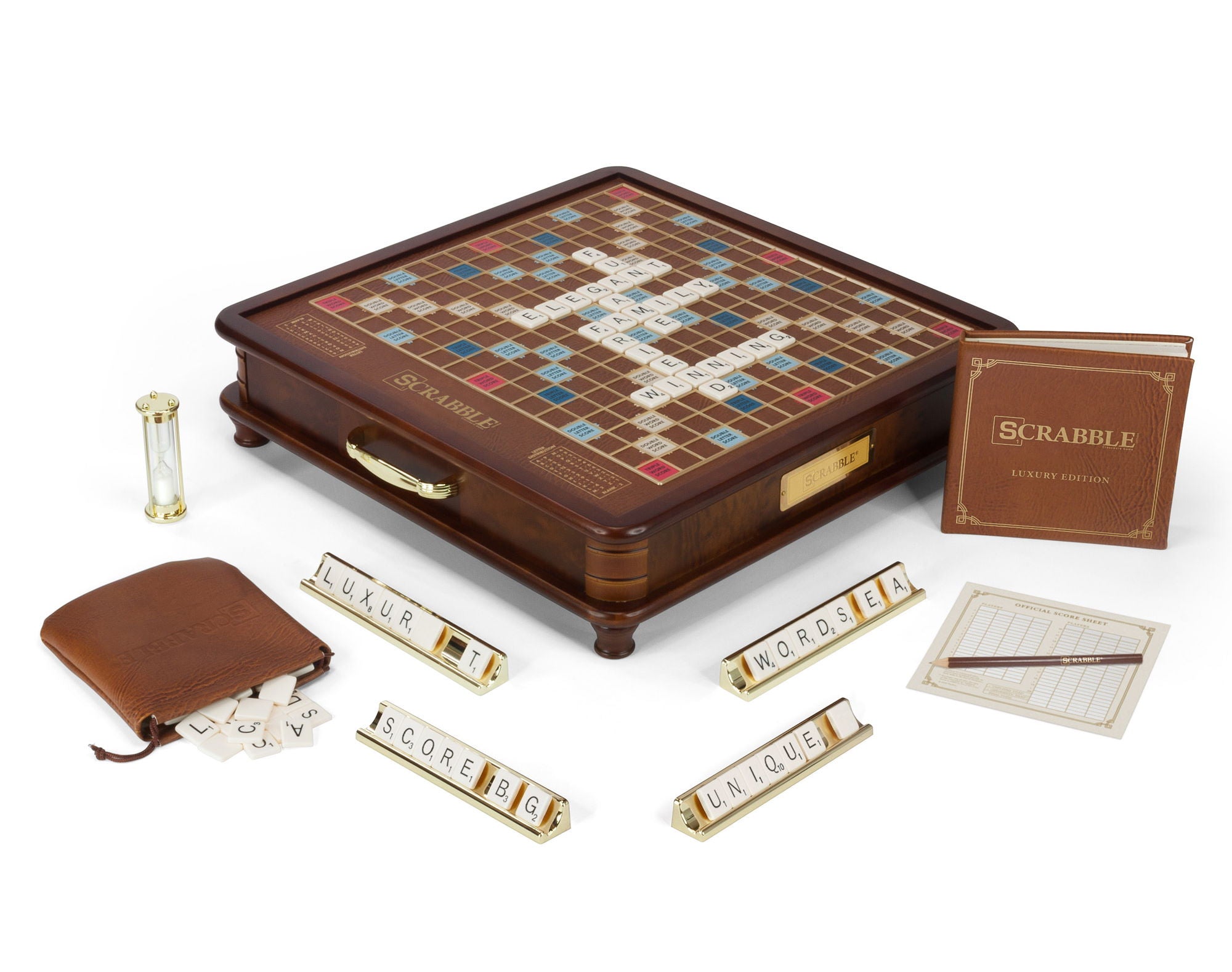 Wooden Scrabble game set with tiles and components on a white background