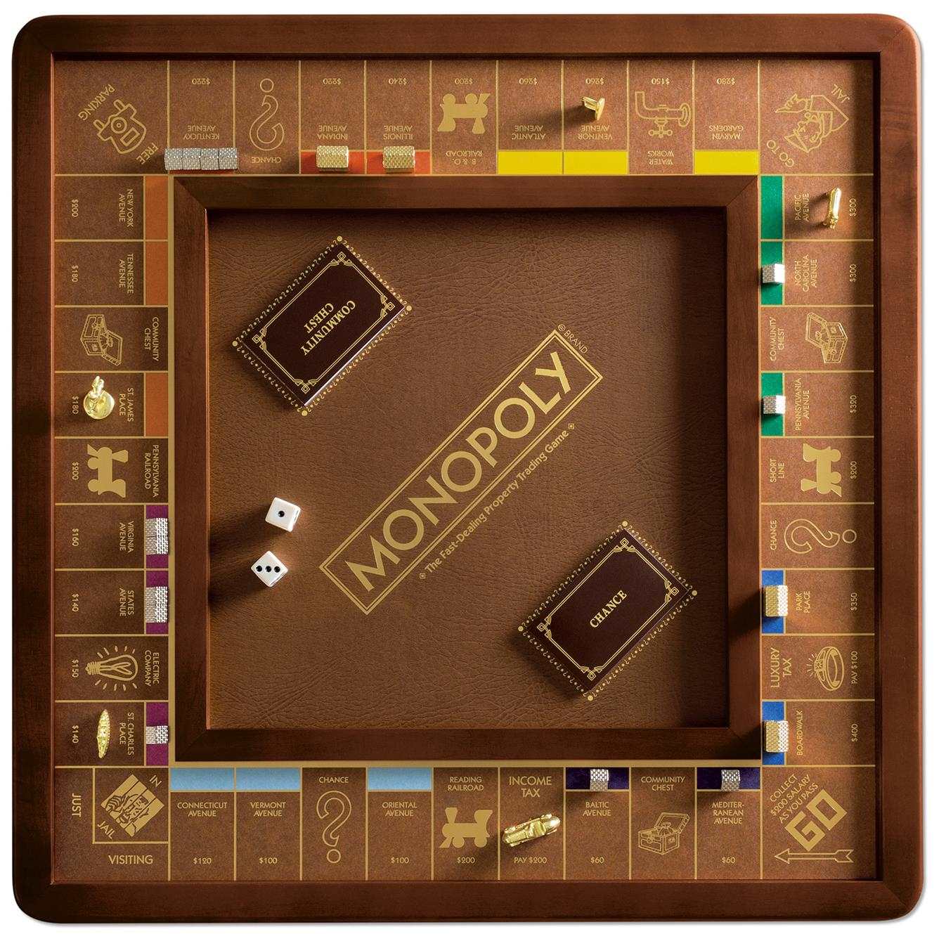 Monopoly Luxury Edition board game featuring a wood cabinet and integrated rolling area.