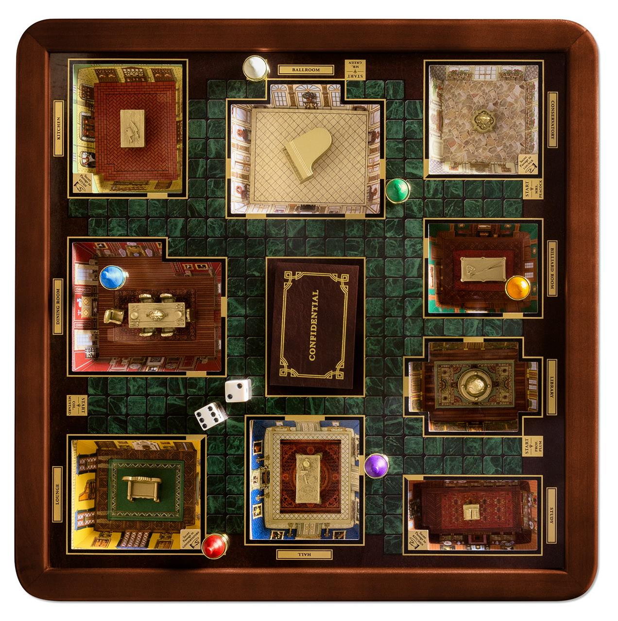 Top Down View of Clue Luxury Edition Showing the Mansion Rooms under Glass