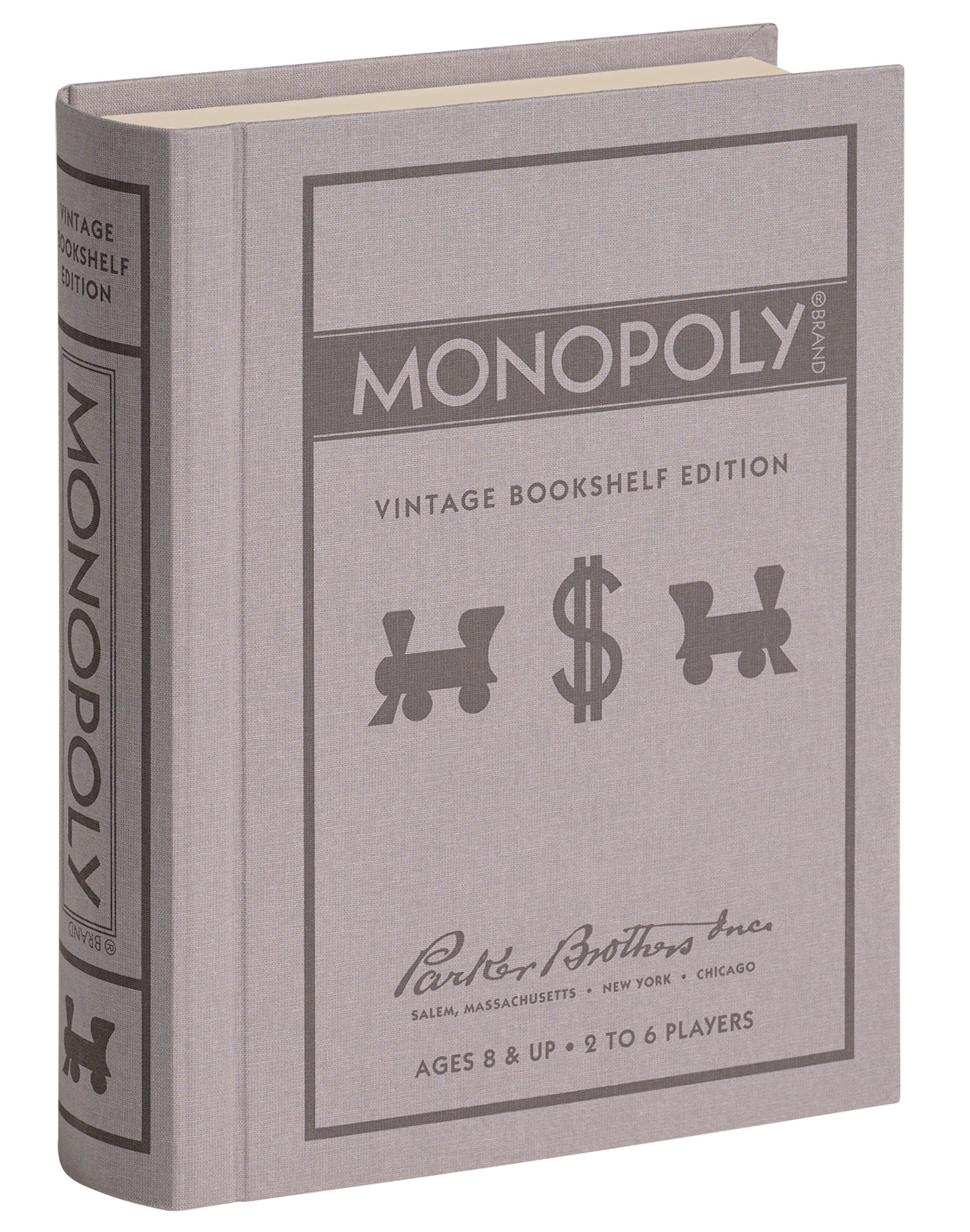 Monopoly Vintage Bookshelf Edition board game in grey linen-wrapped book-style case.