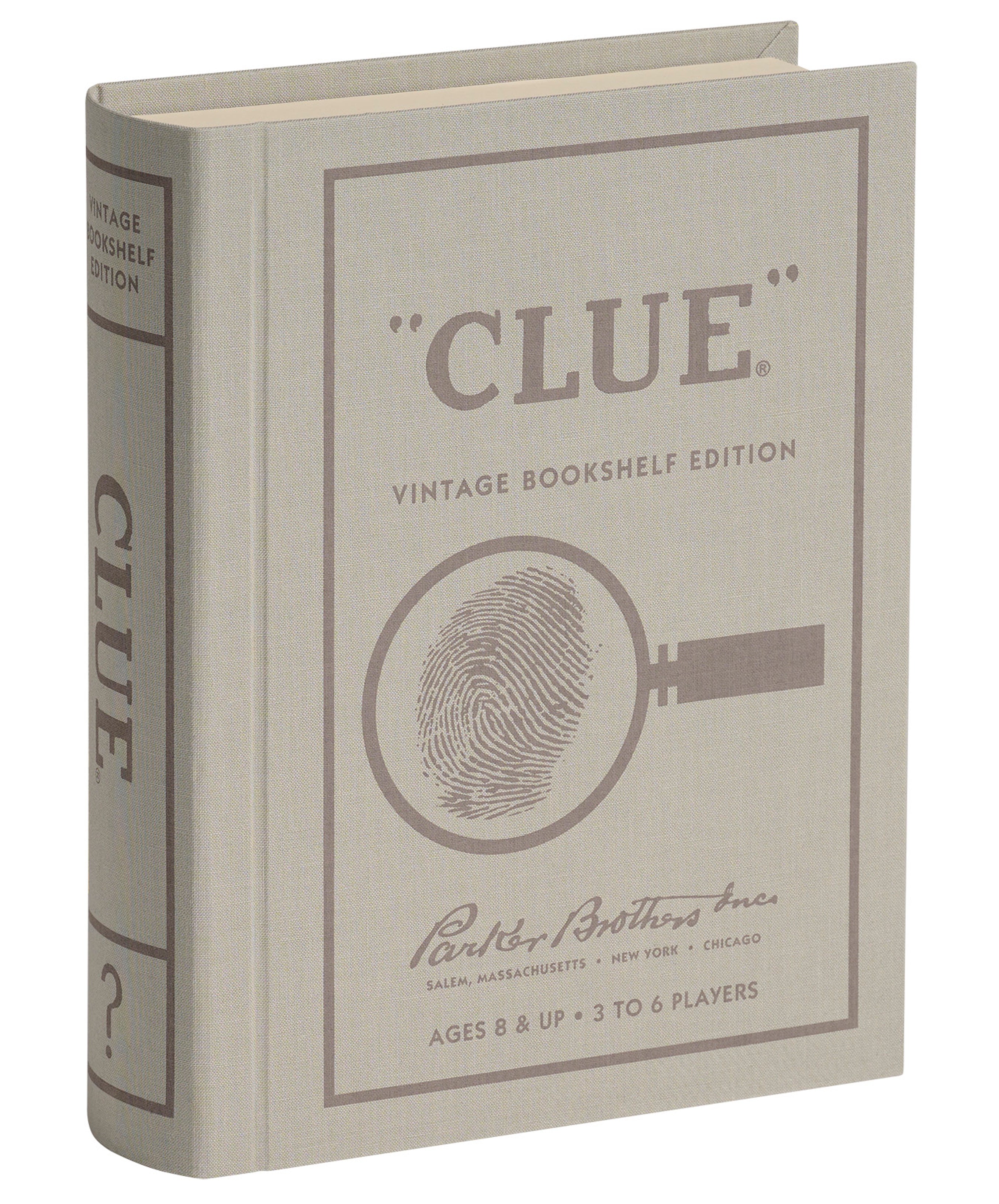 Clue Vintage Bookshelf Edition board game in light grey linen-wrapped book-style case.
