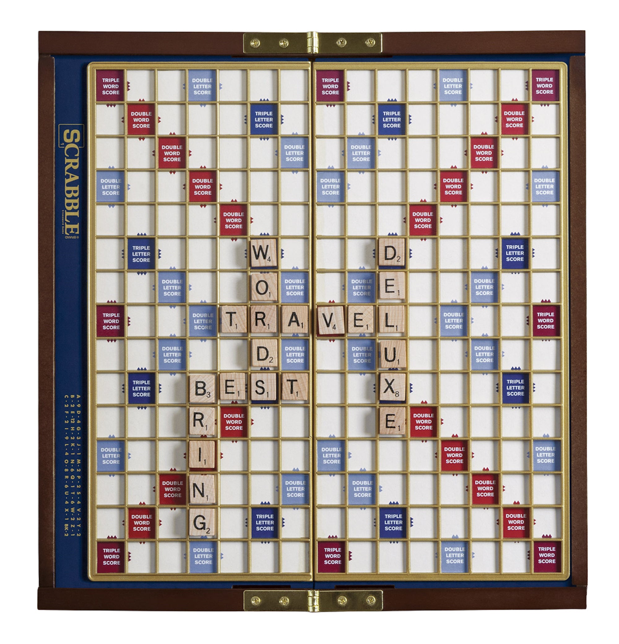 Top Down View of Folding Travel Scrabble board game with tiles spelling out phrases on a white background