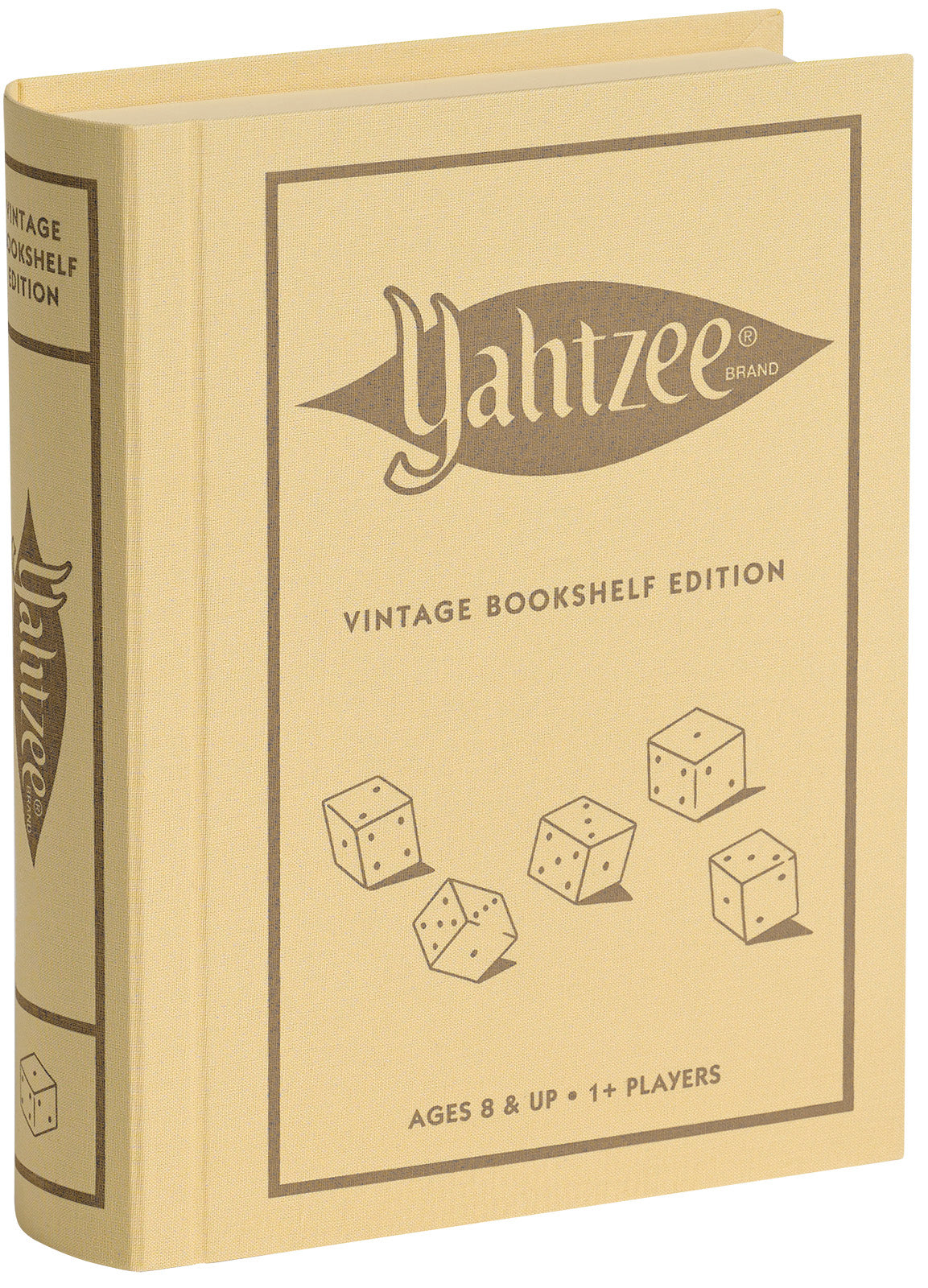 Vintage Bookshelf Edition Yahtzee game box with dice illustrations on a beige background
