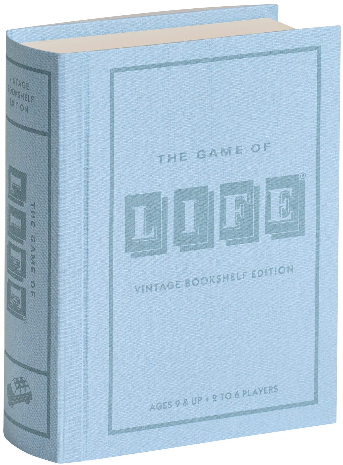 The Game of Life Vintage Bookshelf Edition board game in light blue linen-wrapped book-style case.