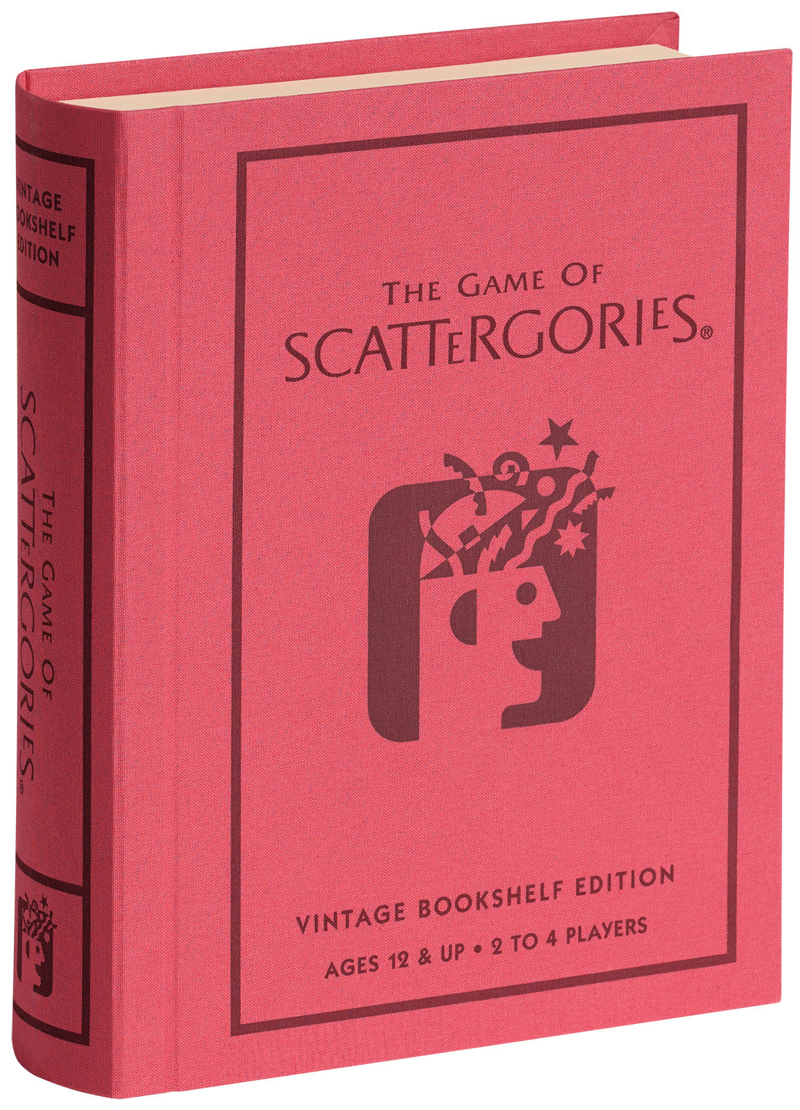 Scattergories Vintage Bookshelf Edition board game in red linen-wrapped book-style case.