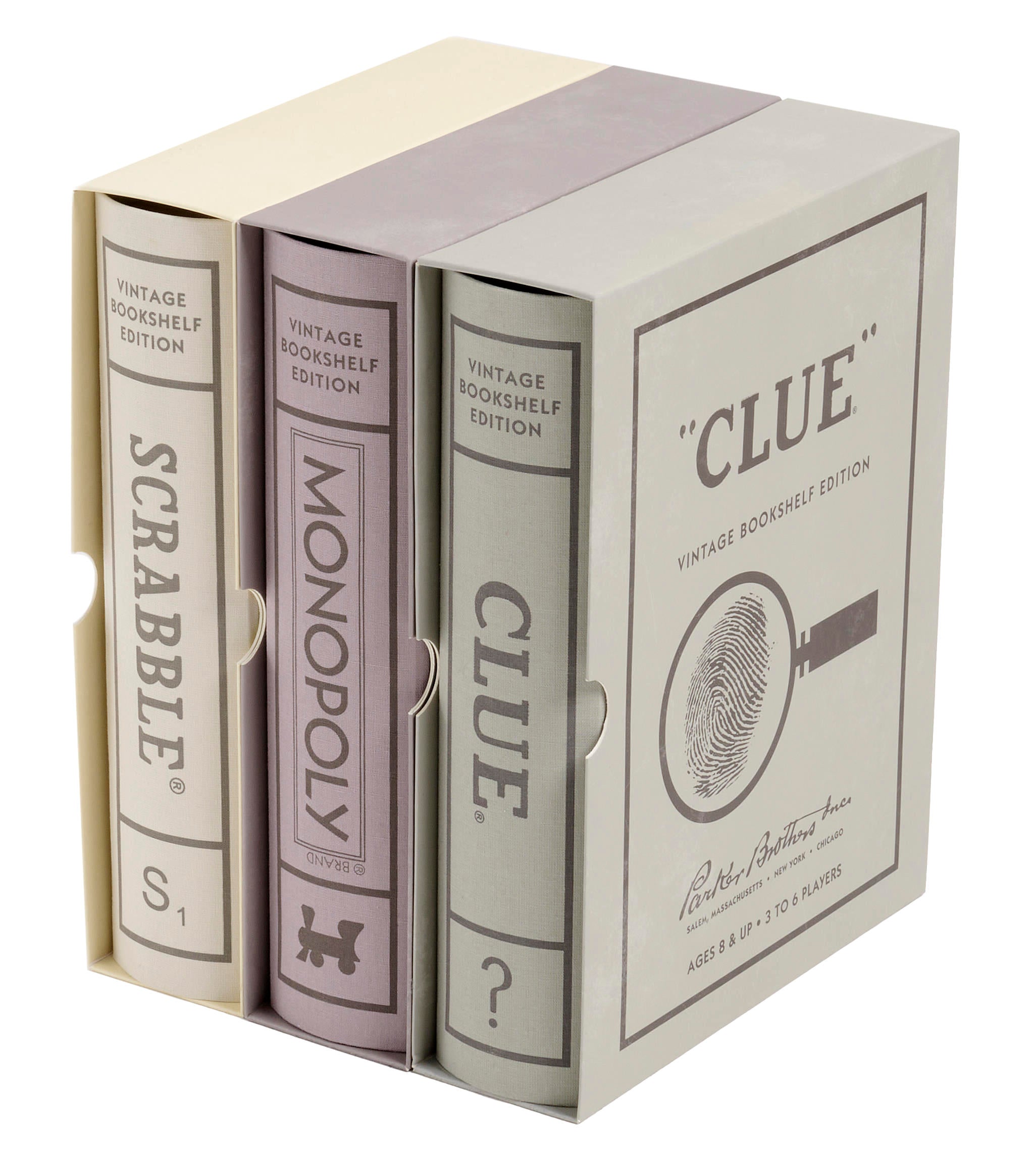 Packaging of Scrabble, Monopoly, and Clue Vintage Bookshelf games shown on a white background.