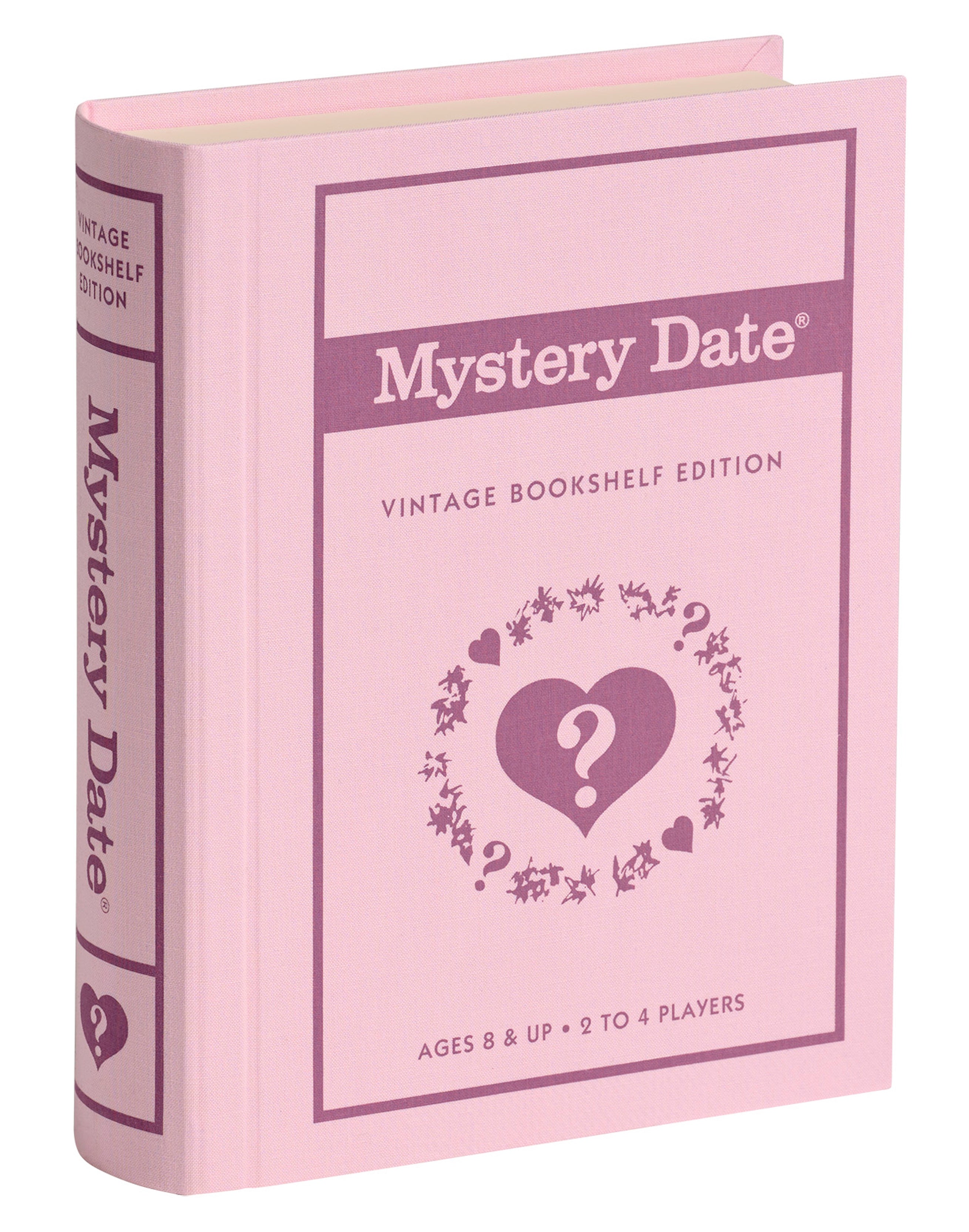 Mystery Date Vintage Bookshelf Edition board game in pink linen-wrapped book-style case.