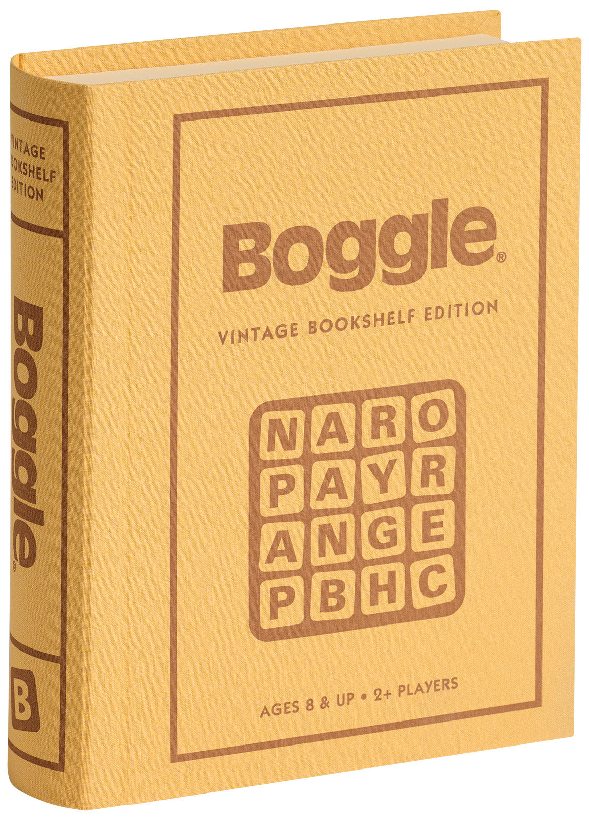 Boggle Vintage Bookshelf Edition board game in gold linen-wrapped book-style case.