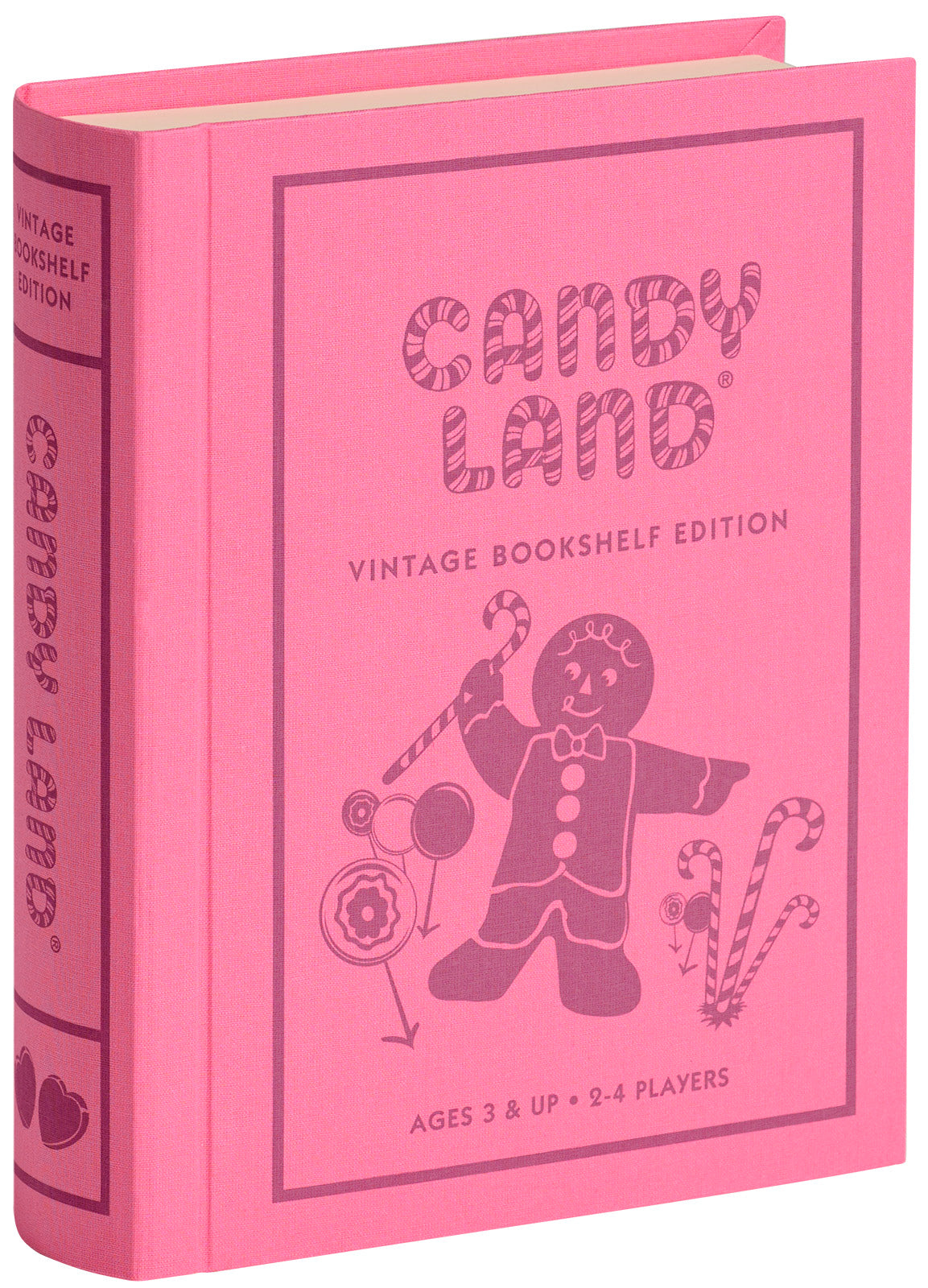 Candy Land Vintage Bookshelf Edition board game in bright pink linen-wrapped book-style case.
