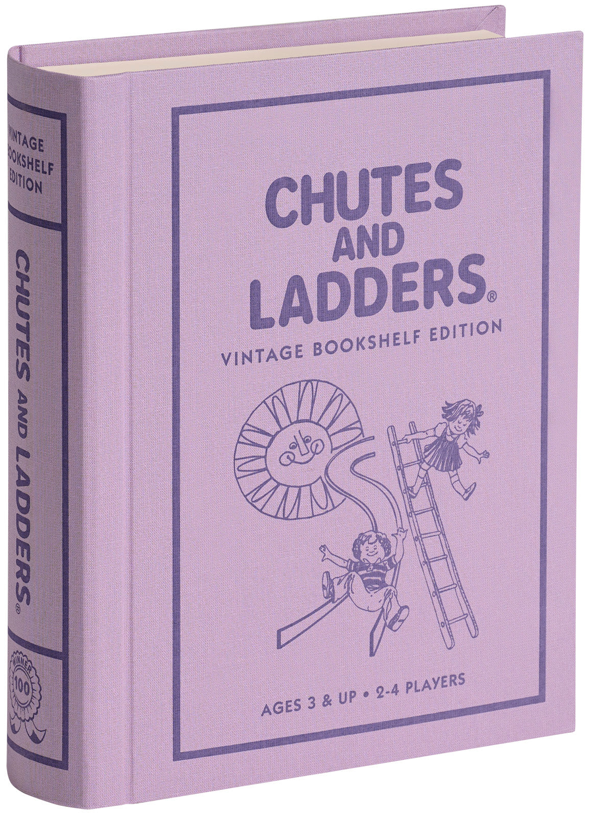 Chutes and Ladders Vintage Bookshelf Edition board game in light purple linen-wrapped book-style case.