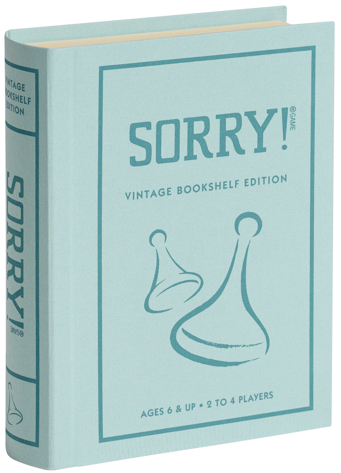 Board game box titled 'Sorry!' with vintage bookshelf design on a white background