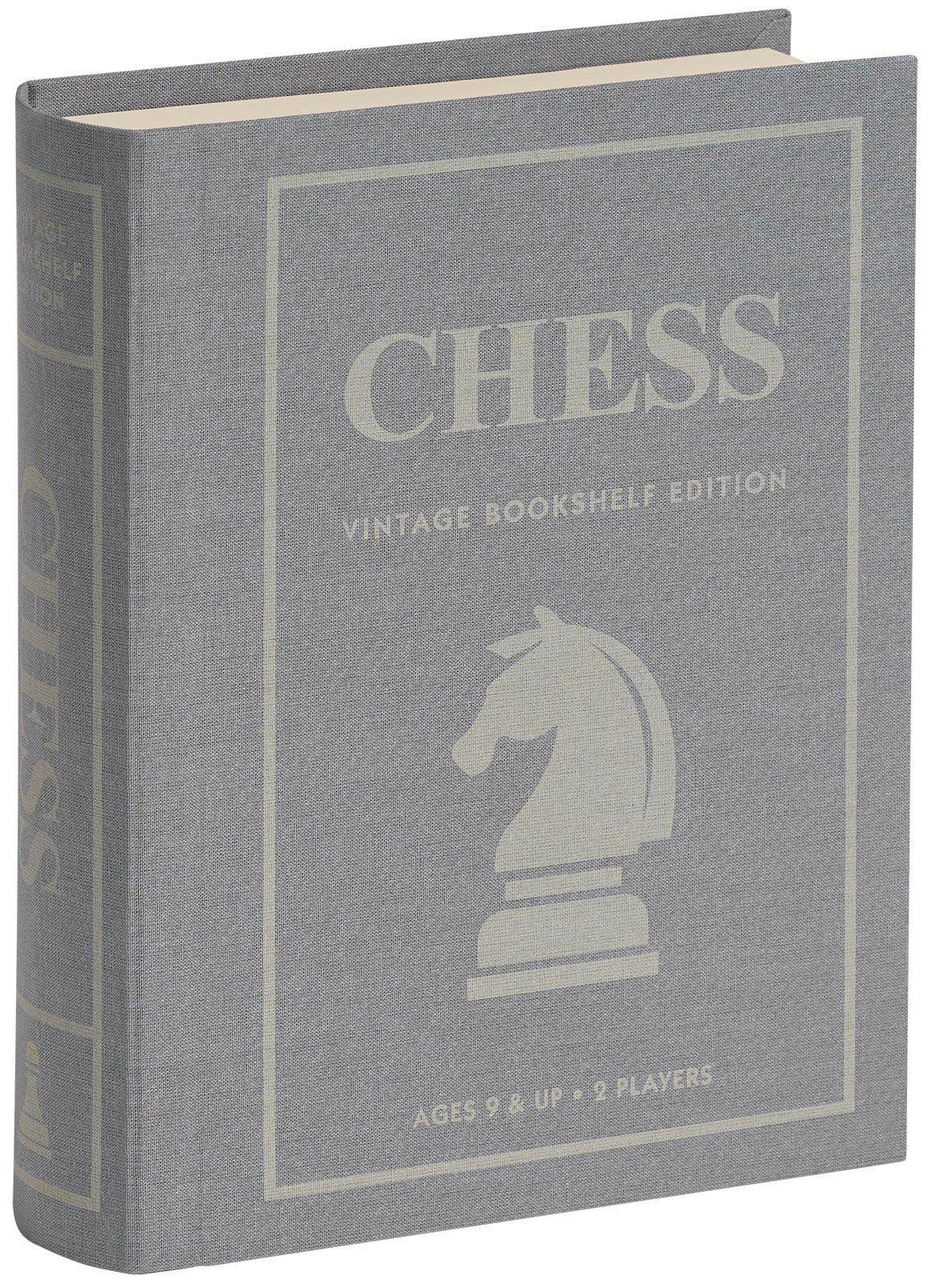 Chess Vintage Bookshelf Edition board game in grey linen-wrapped book-style case.