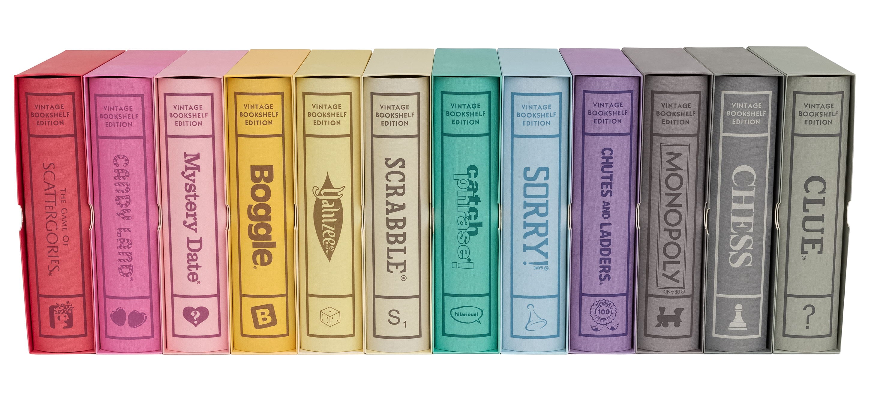 Image of a set of 12 Colorful Vintage Bookshelf Board Game boxes arranged in a row.