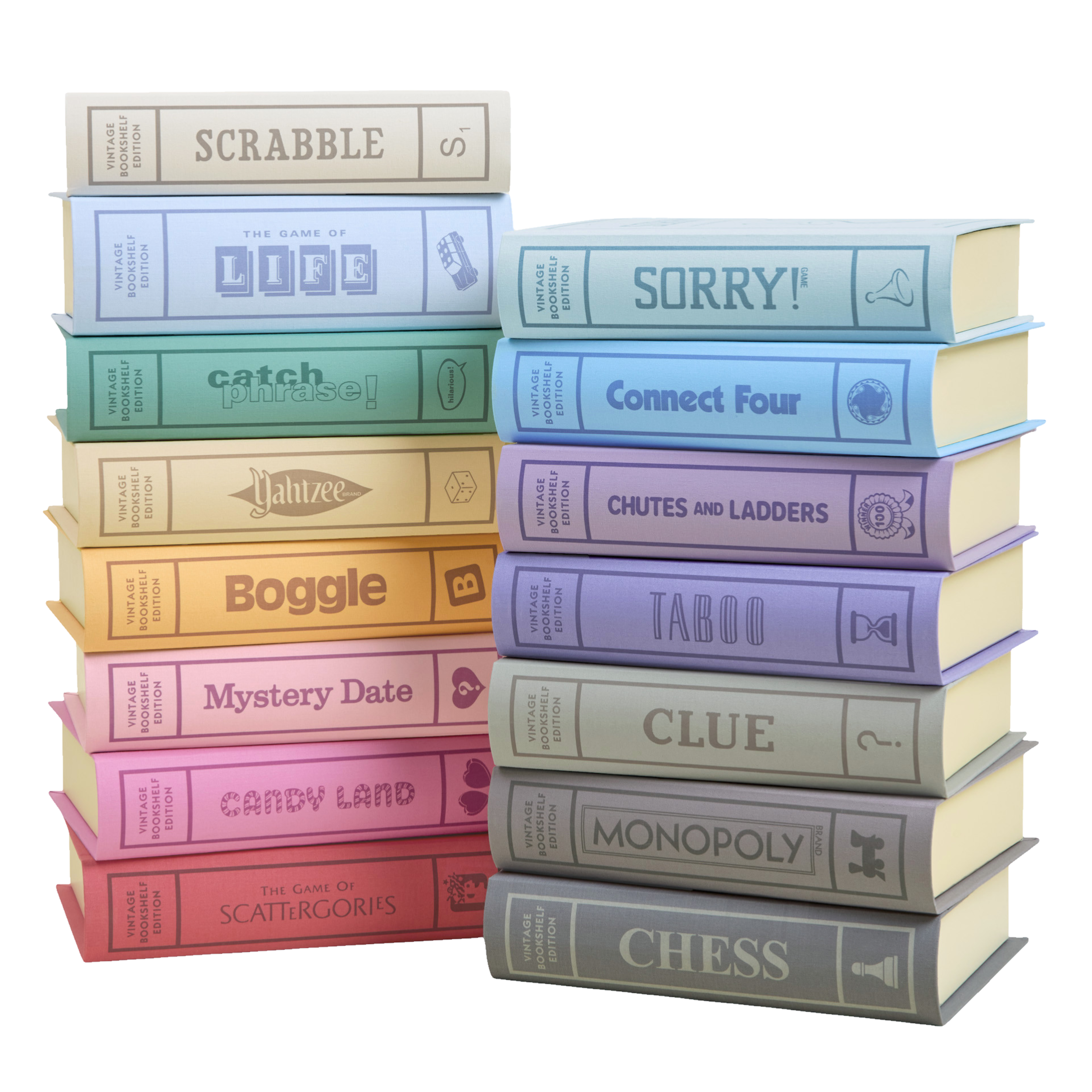 WS Game Company Vintage Bookshelf Edition 15-Pack displayed as 2 piled up stacks of games, 8 books in one stack and 7 in the other.