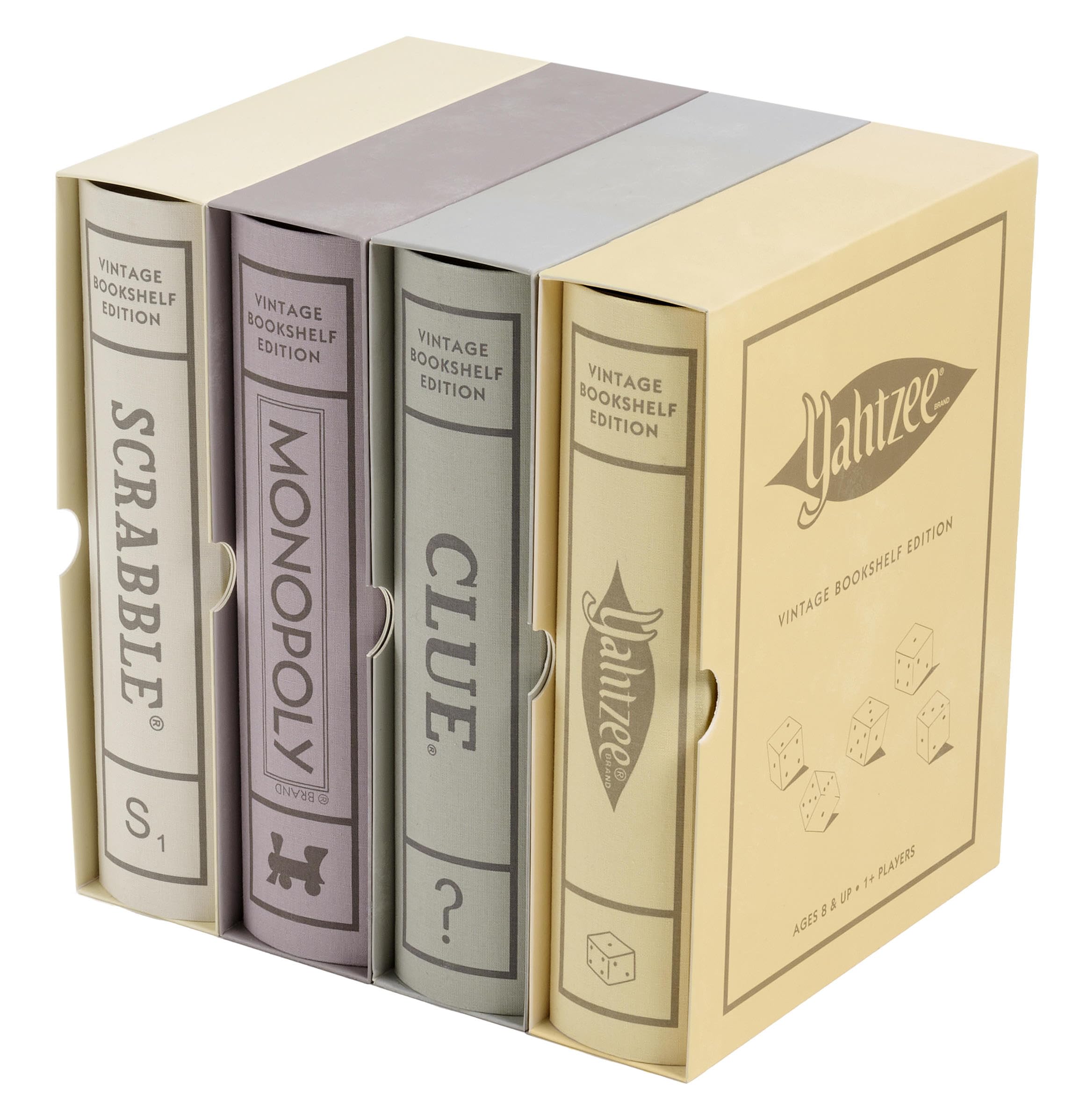 Set of board game boxes including Scrabble, Monopoly, Clue, and Yahtzee in a vintage bookshelf edition packaging.