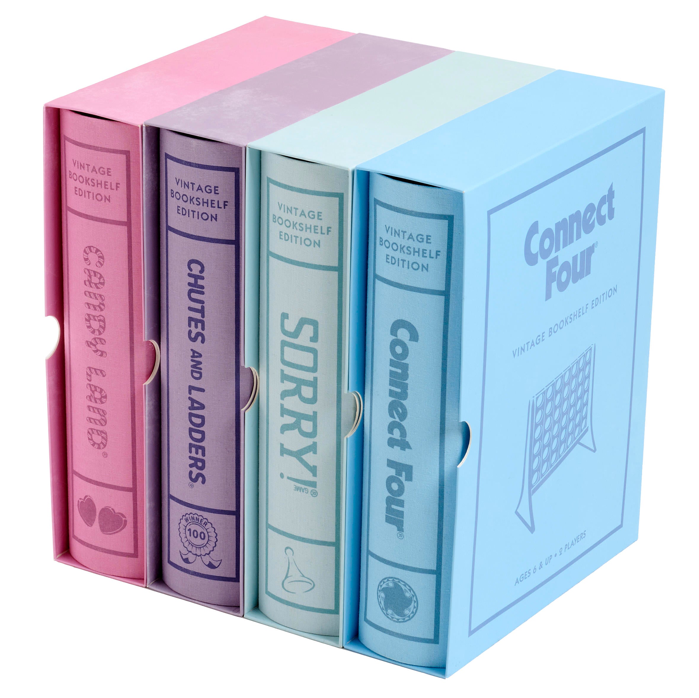 Set of four Vintage Bookshelf Edition board games including Candy Land, Chutes and Ladders, Sorry!, and Connect Four.