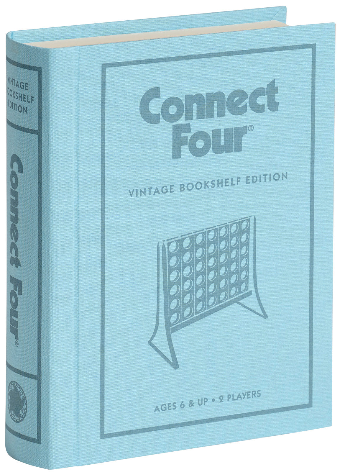 Connect Four Vintage Bookshelf Edition board game in light blue linen-wrapped book-style case.