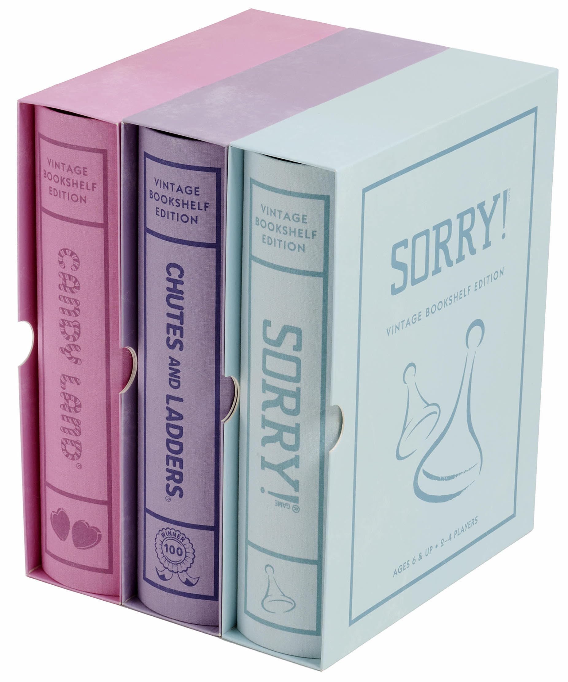 Collection of 3 Vintage Bookshelf Edition board game books with pastel covers and titles on a white background - Candy Land - Chutes and Ladders - Sorry!