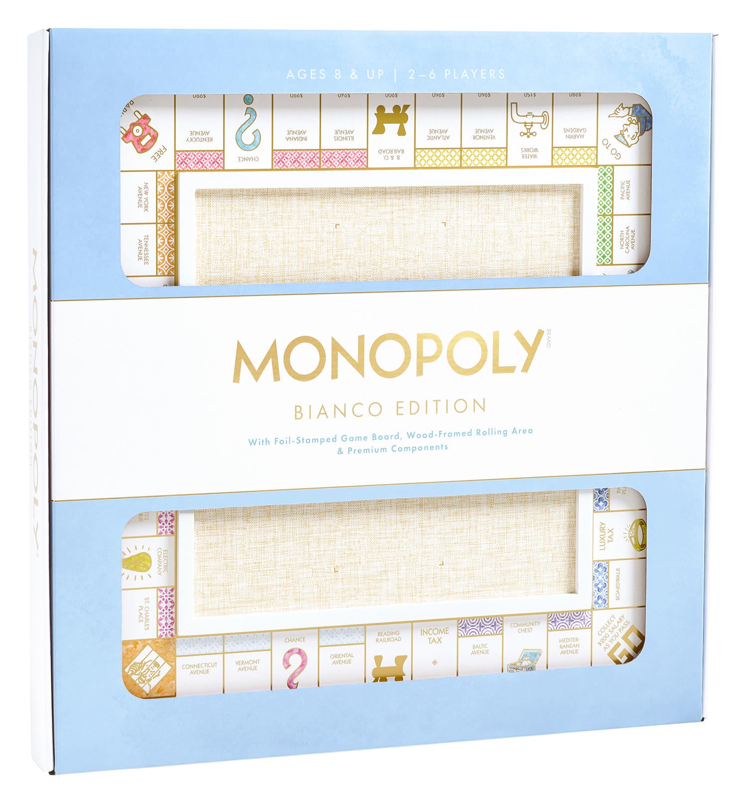 Monopoly Bianco Edition board game featuring a gold foil-stamped board and wood-framed rolling area.