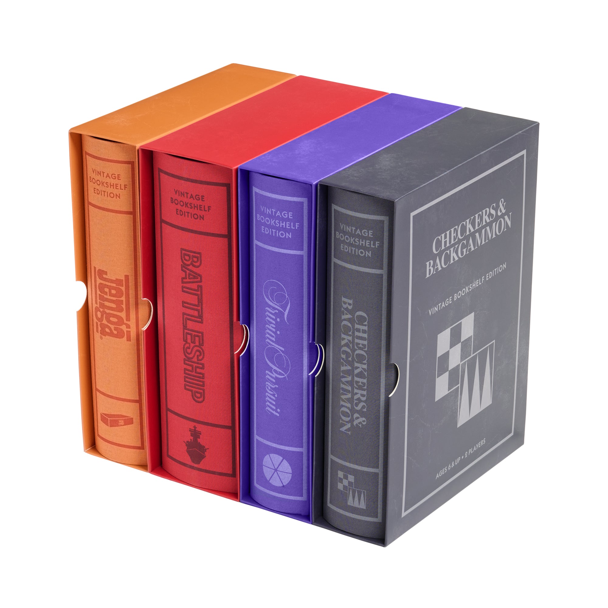Set of four Vintage Bookshelf Edition games including Jenga, Battleship, Trivial Pursuit, and Checkers.