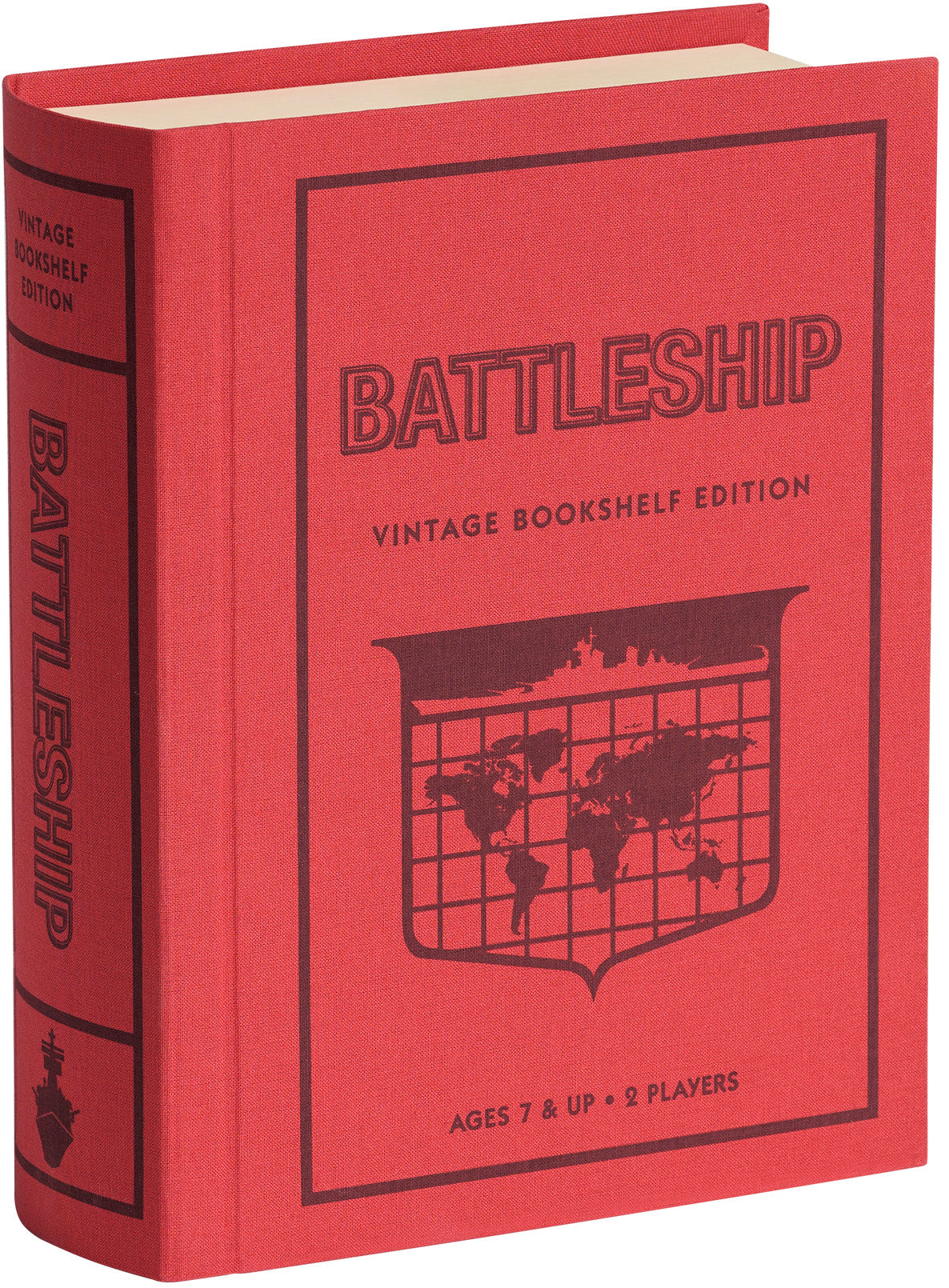 Battleship Vintage Bookshelf Edition board game in red linen-wrapped book-style case.