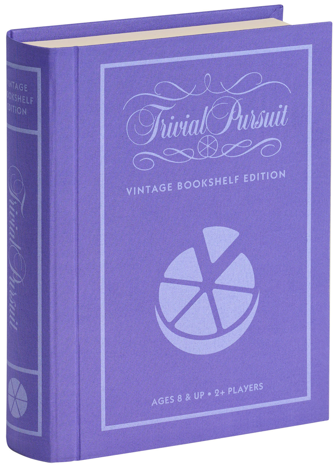 Trivial Pursuit Vintage Bookshelf Edition board game in light purple linen-wrapped book-style case.