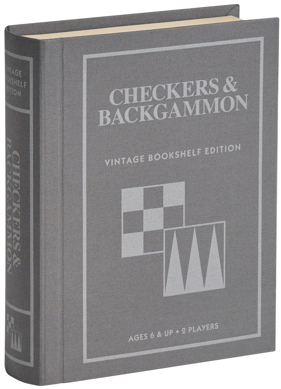 Checkers and Backgammon Vintage Bookshelf Edition board game in dark grey linen-wrapped book-style case.