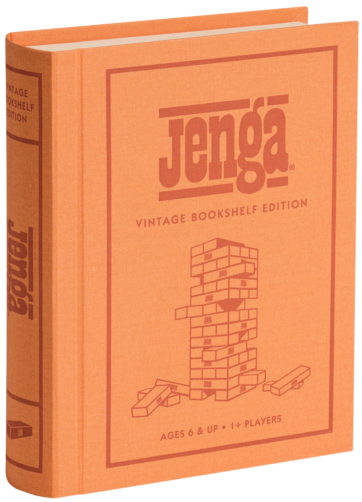 Jenga Vintage Bookshelf Edition board game in orange linen-wrapped book-style case.
