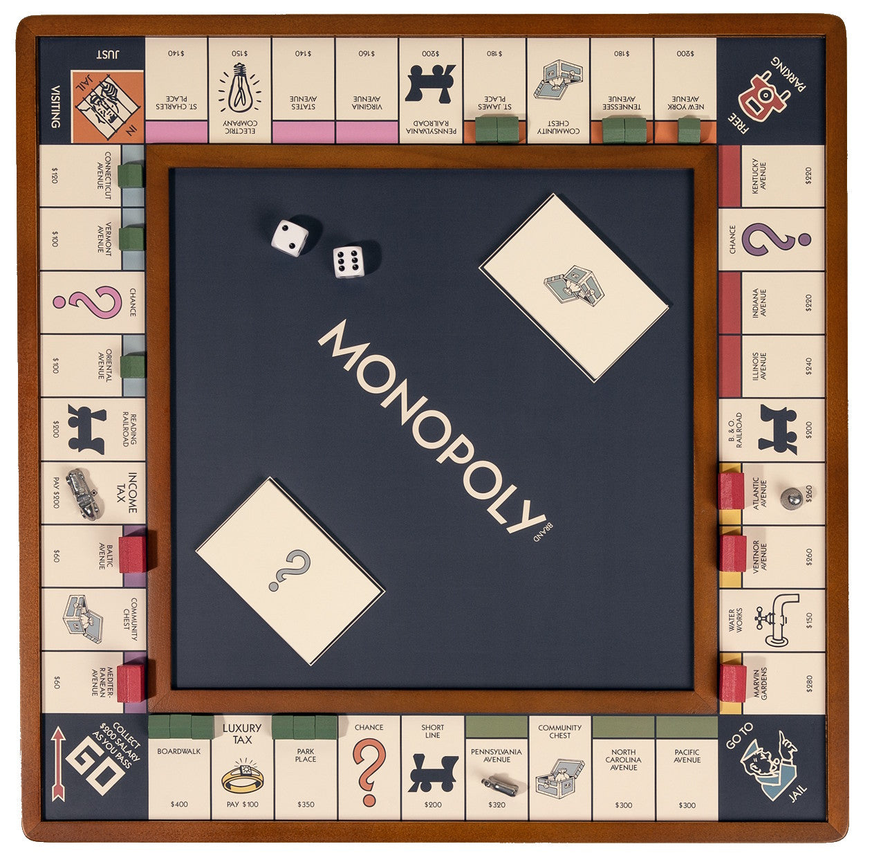 Monopoly Premium 3-in-1 Edition board game featuring a solid wood cabinet, integrated rolling area, and premium die-cast metal movers.