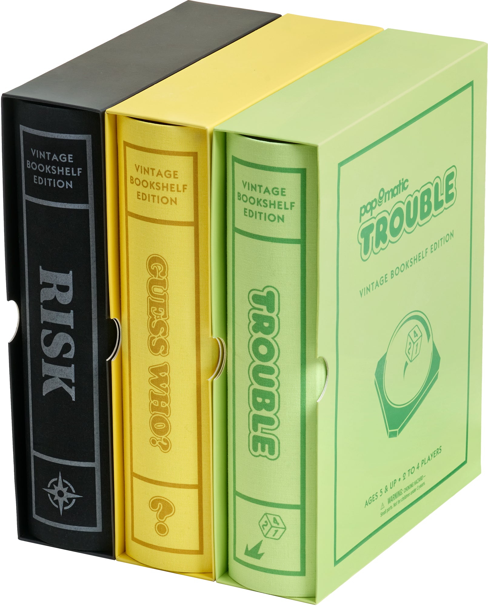 Vintage Bookshelf Edition 3pk with RISK Guess Who? and Trouble board games shown side by side in linen-wrapped book-style cases.