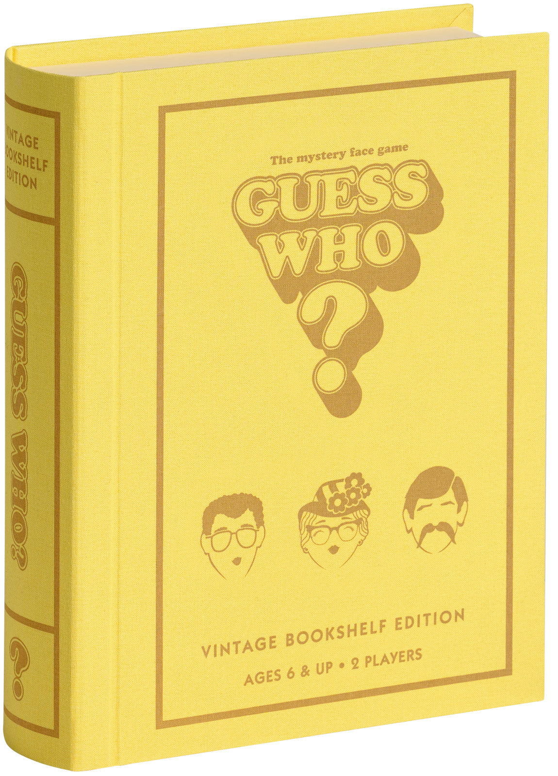 Guess Who? Vintage Bookshelf Edition board game in yellow linen-wrapped book-style case.