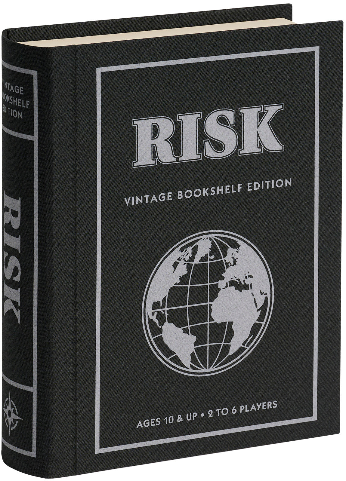 RISK Vintage Bookshelf Edition board game in black linen-wrapped book-style case.