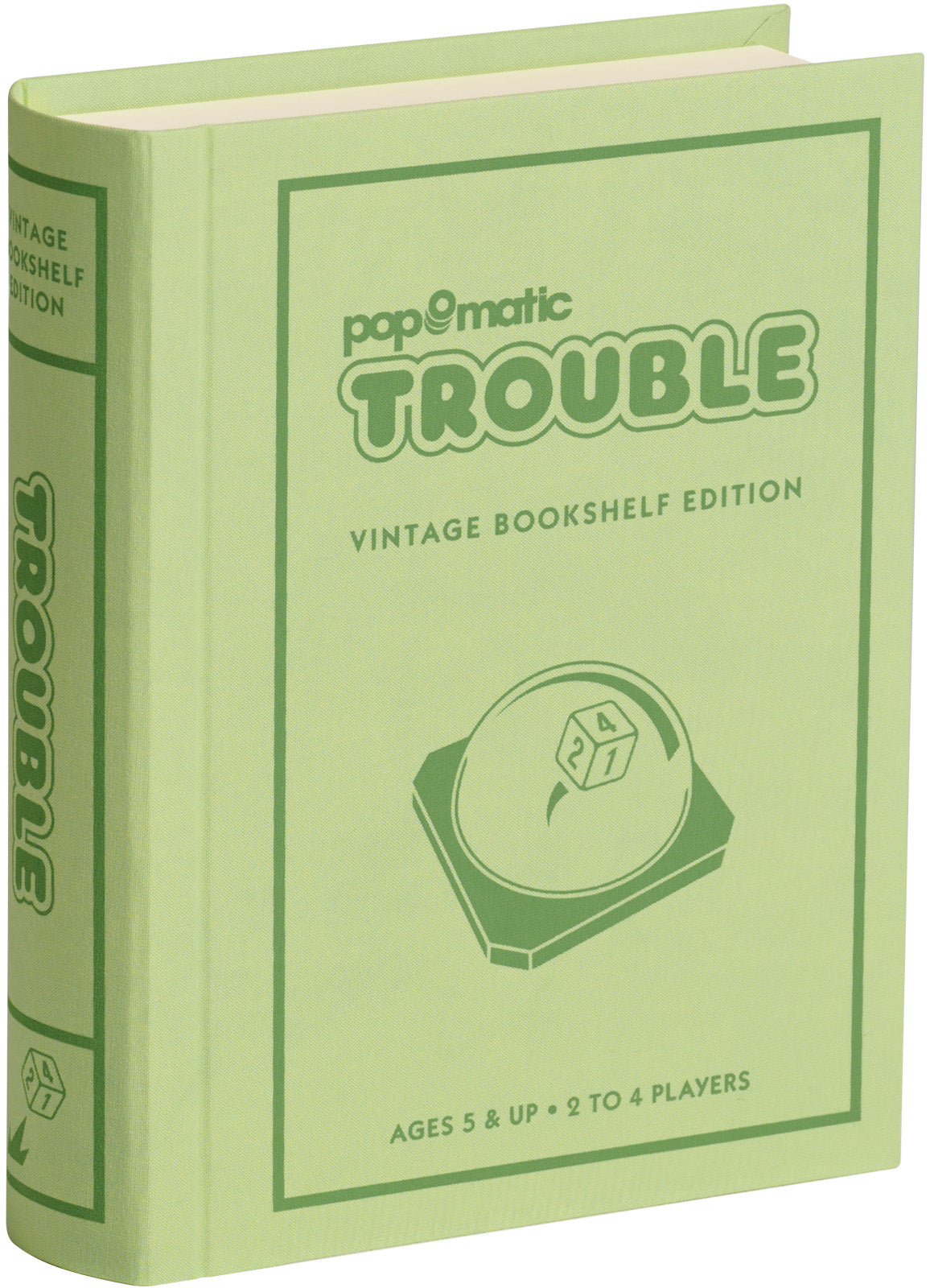Trouble Vintage Bookshelf Edition board game in a light green linen-wrapped book-style case.