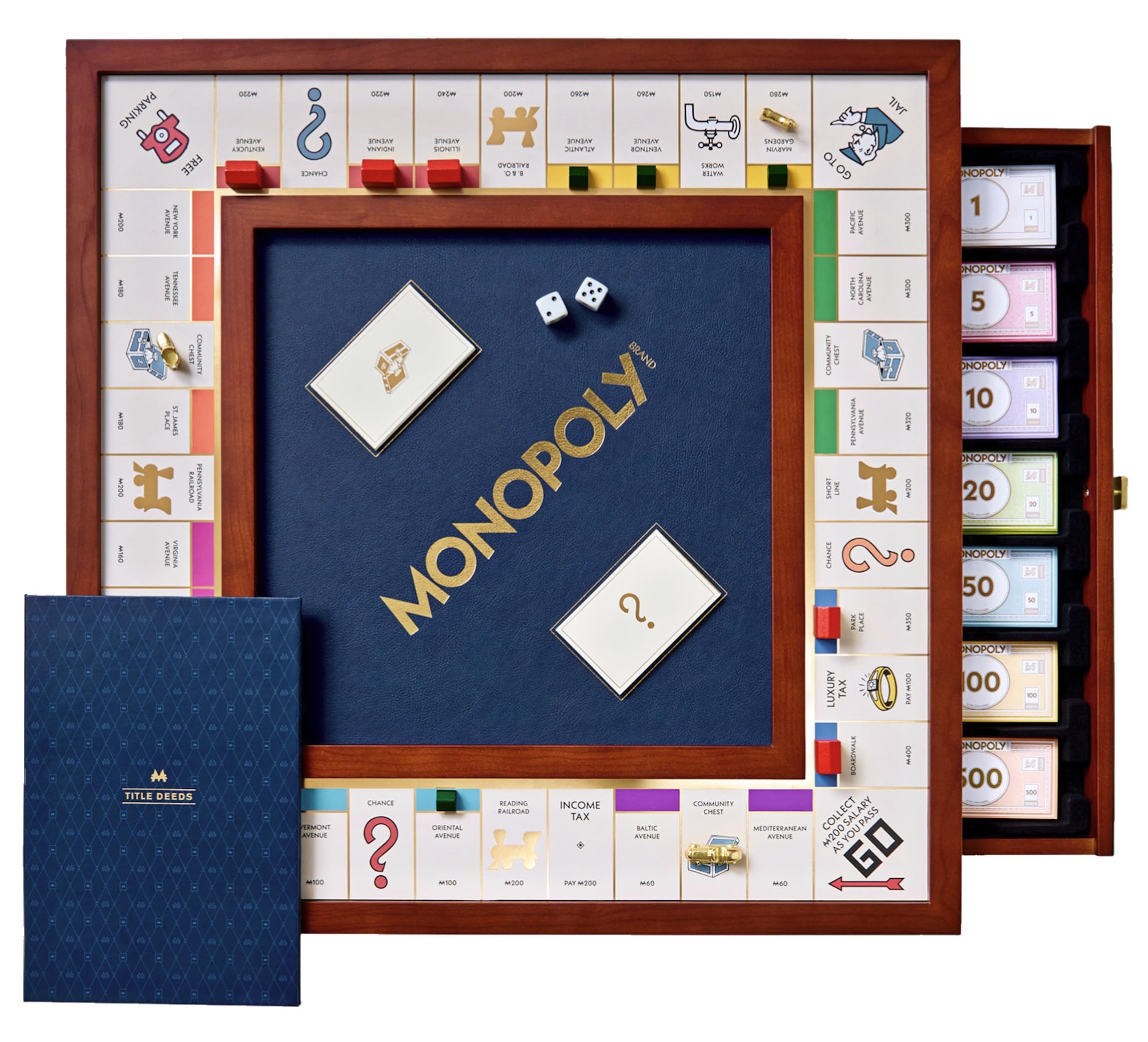 Monopoly Legacy Edition game board with wooden frame and components on a white background
