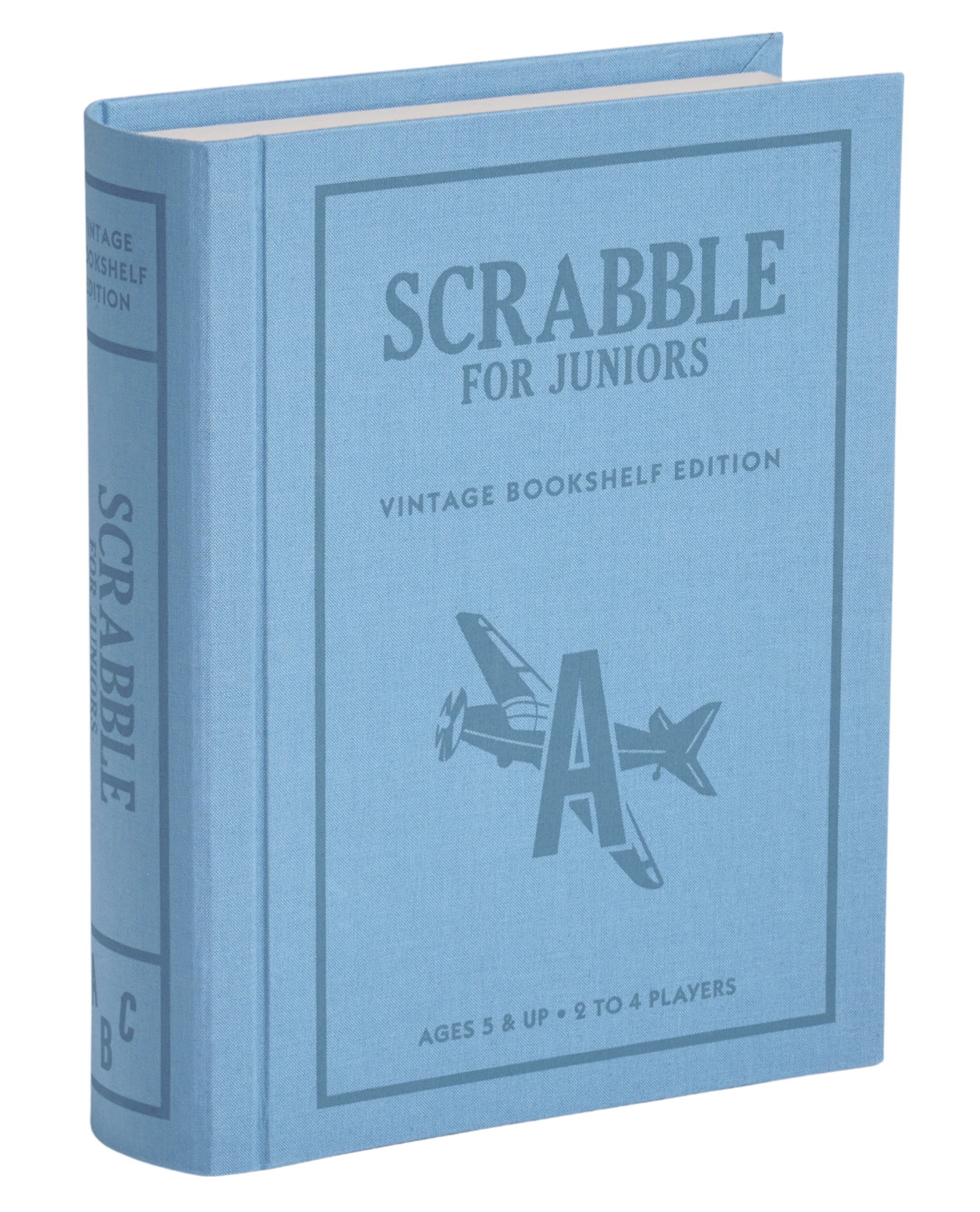 Blue book titled 'Scrabble for Juniors' on a white background