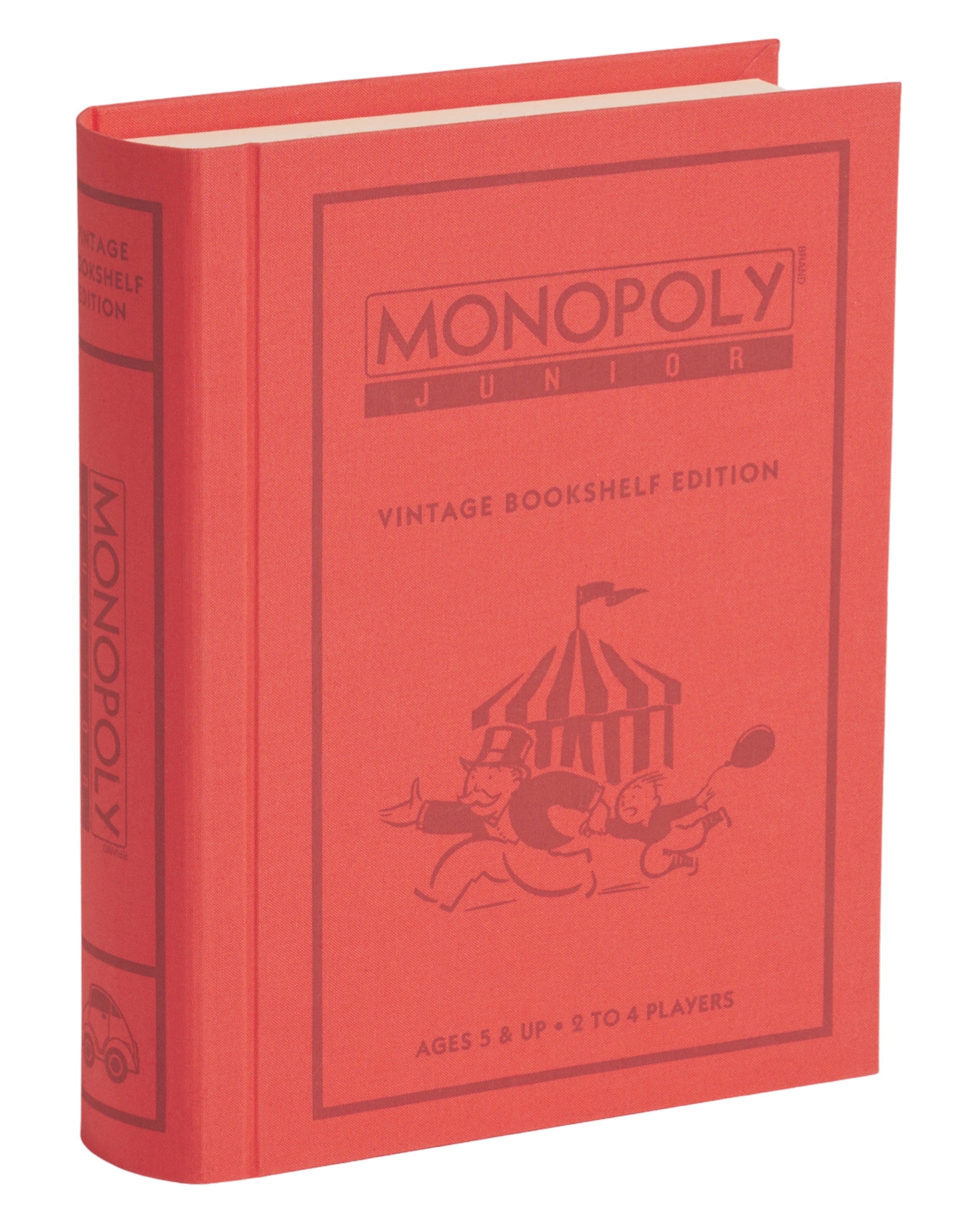 Red Monopoly game box with vintage bookshelf design on a white background