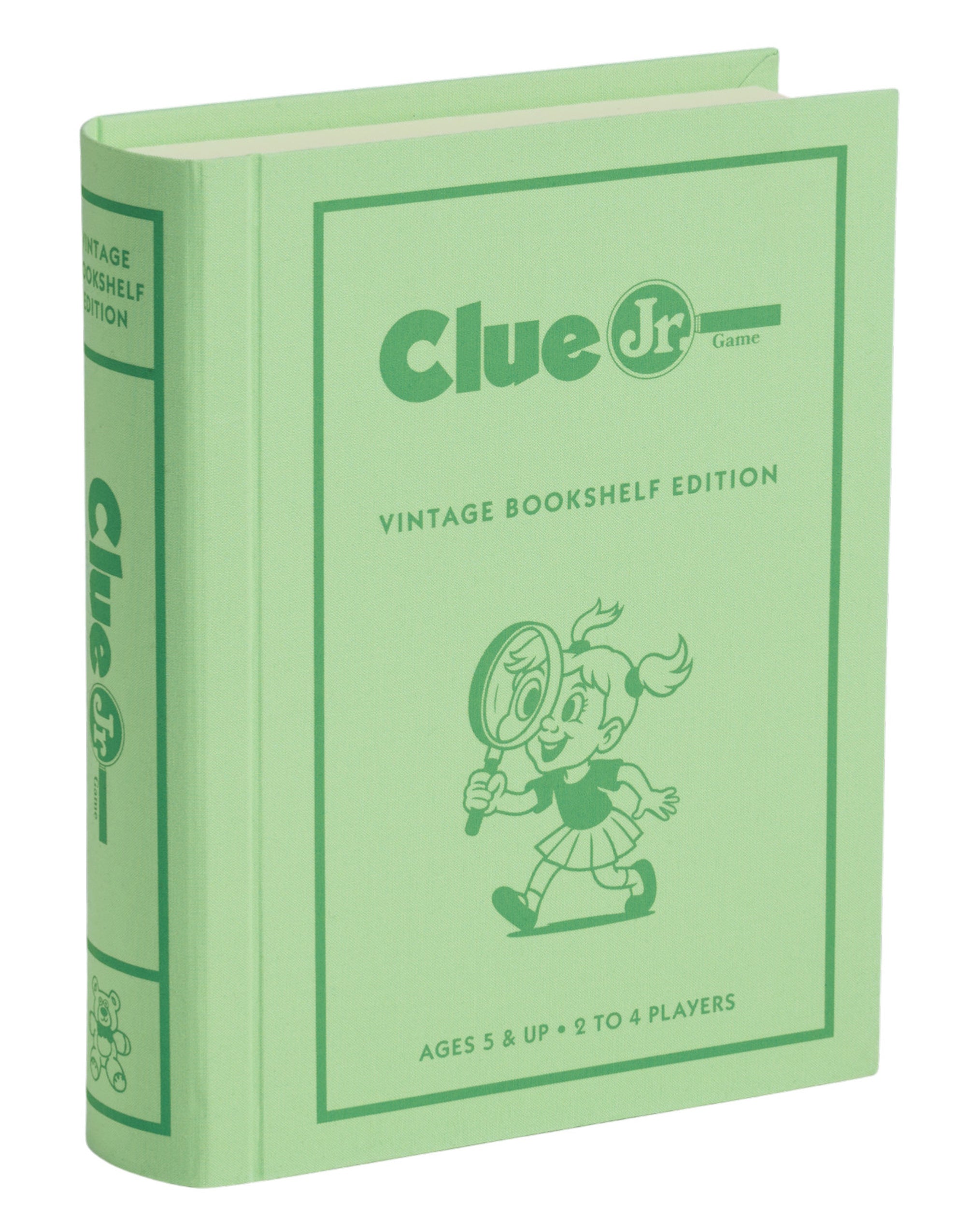Green book titled 'Clue Jr. Vintage Bookshelf Edition' with a character illustration on a white background