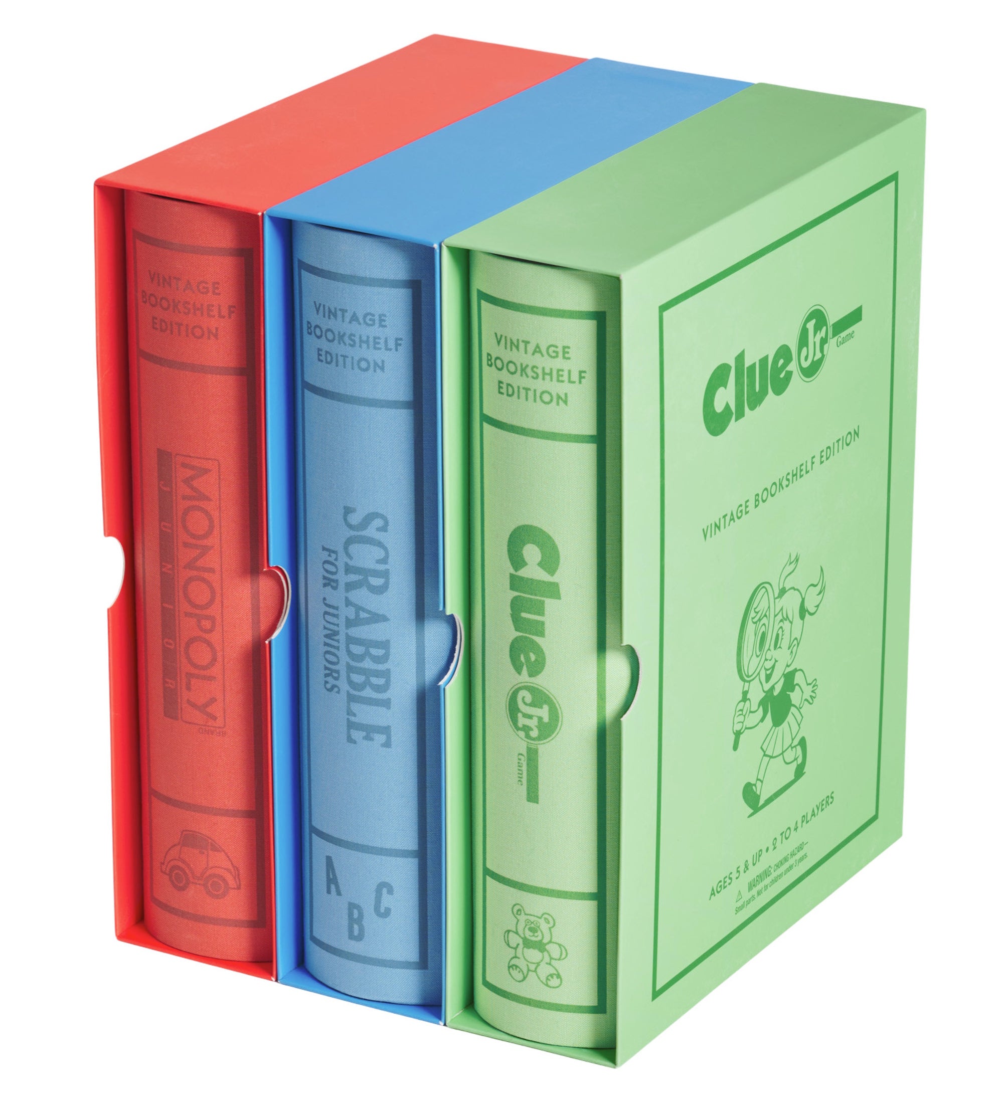 Three Junior Vintage Bookshelf board game boxes in red, blue, and green - Clue Jr., Scrabble for Juniors, Monopoly Junior