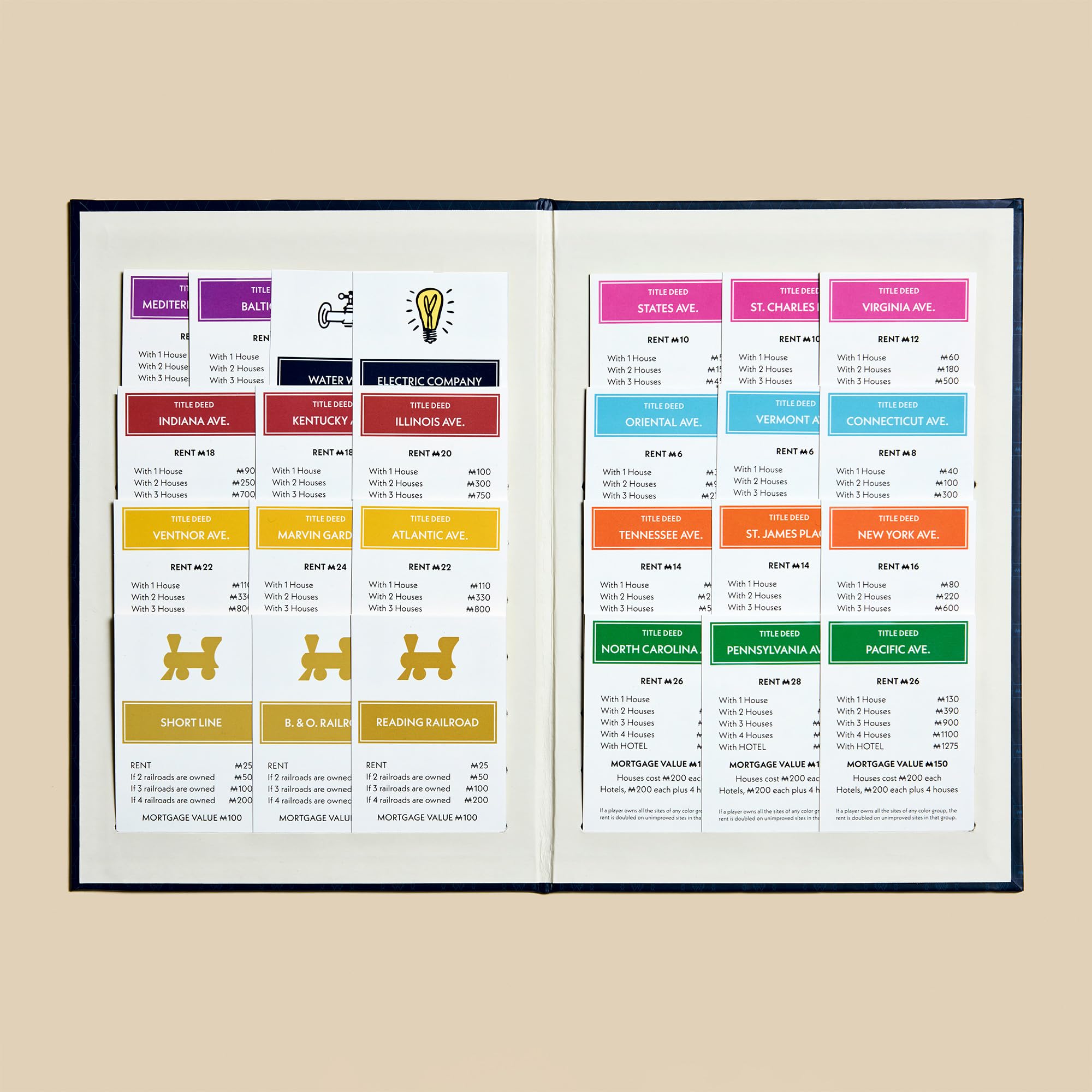 Open game cards with colorful tabs on a beige background
