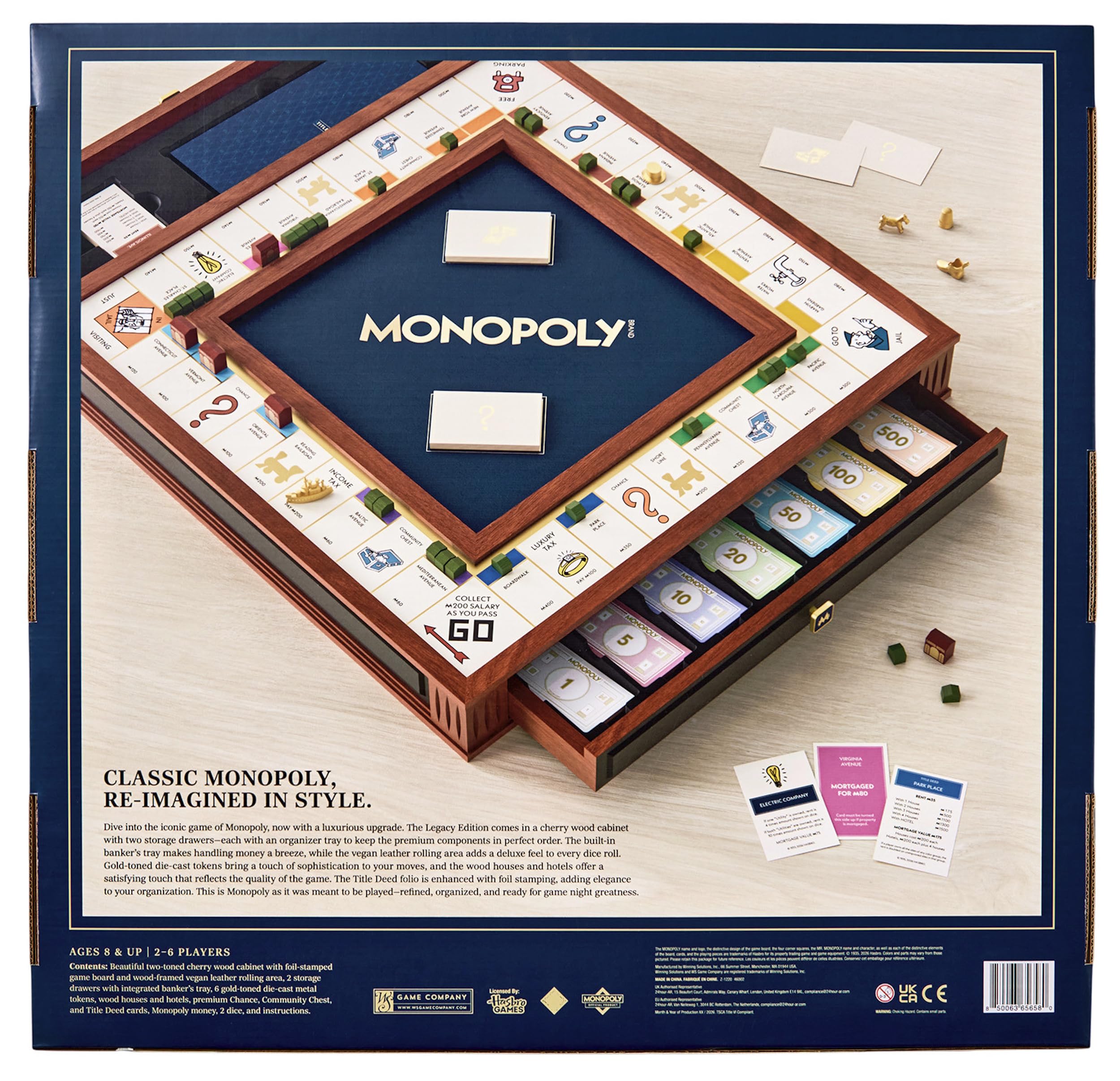 Monopoly board game set with wooden frame and cards on a light background